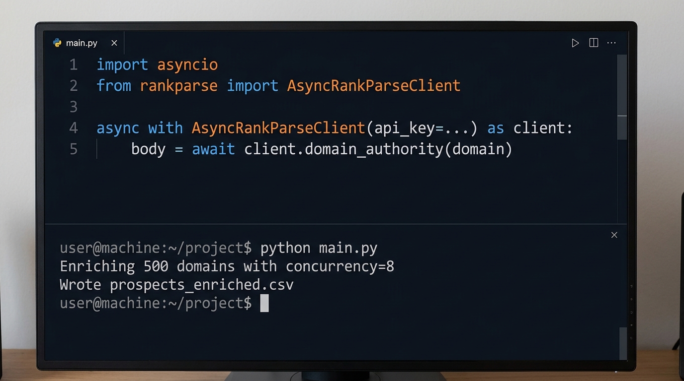 Python lead enrichment script using RankParse async client with terminal output showing enriched CSV results and domain authority scores