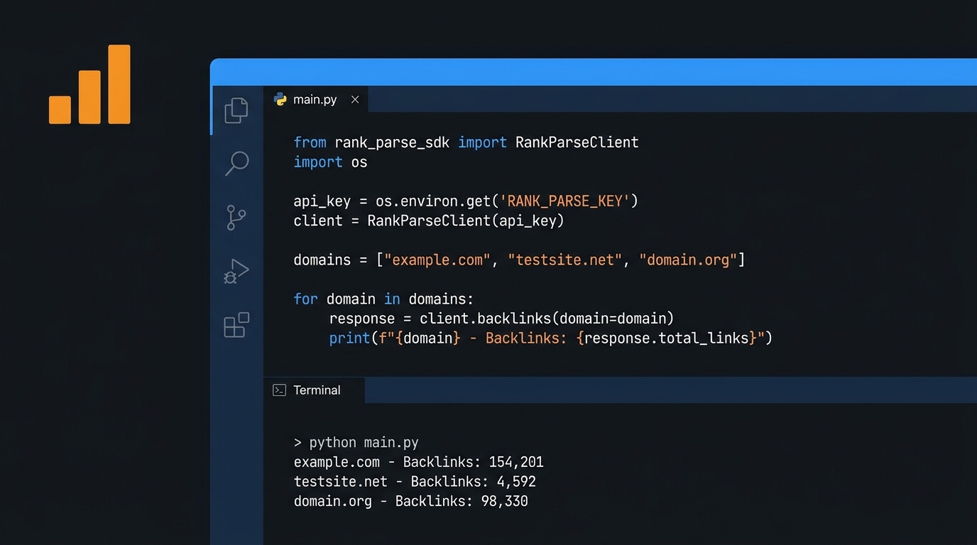 RankParse Python SDK in VS Code: loop over 500 domains calling backlinks(), terminal panel showing stripe.com and vercel.com results