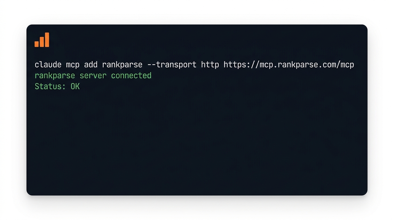 Terminal mockup showing the claude mcp add command followed by output: rankparse server connected, 23 tools registered, status OK