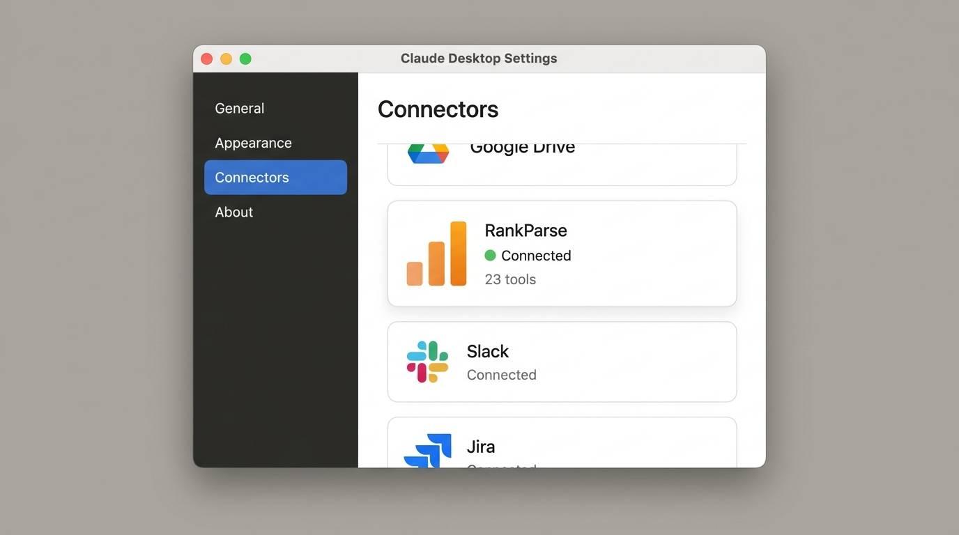 Claude Desktop Settings panel showing the Connectors tab with RankParse listed as a custom connector, status shown as Connected with 23 tools available