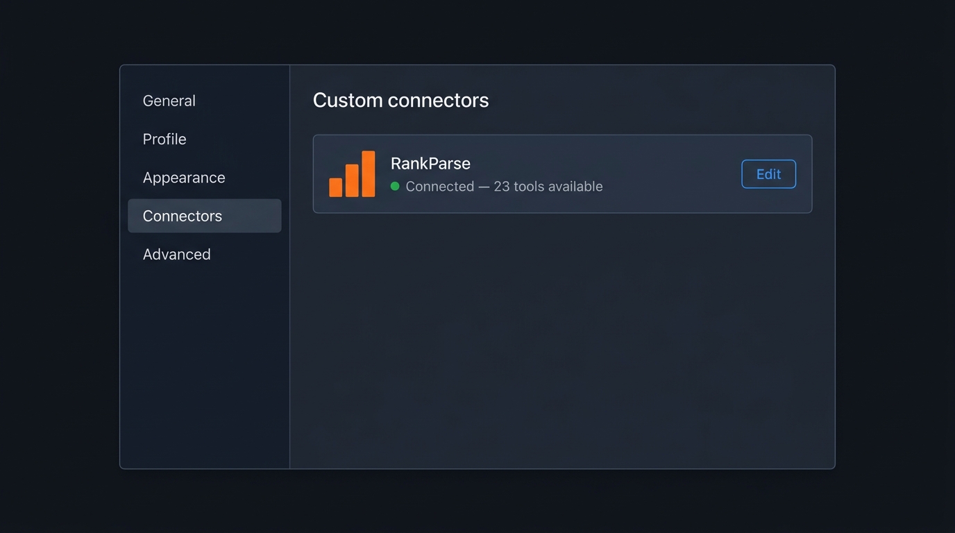 Claude Desktop Settings panel showing the Connectors tab with RankParse listed as a custom connector, status shown as Connected, 23 tools available