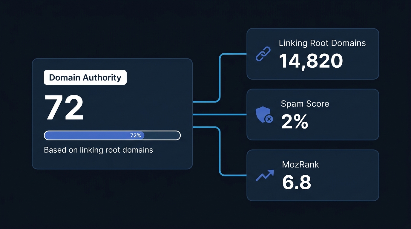 Domain Authority metric by Moz. DA score card showing 72 with linking root domains, spam score, and weekly refresh indicators