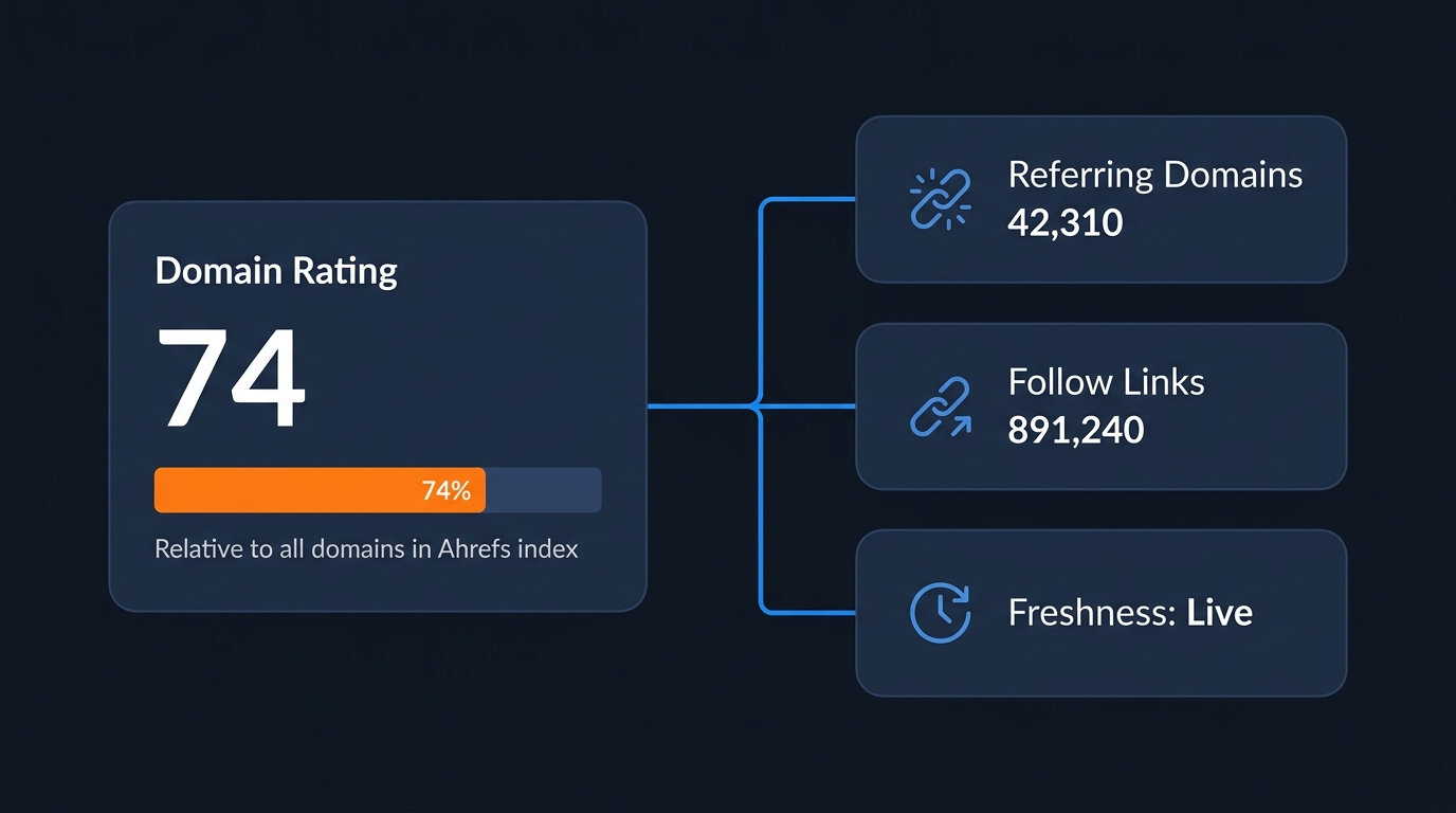 Domain Rating metric by Ahrefs. DR score card showing 74 with referring domains count, follow vs nofollow link breakdown, and continuous crawl indicator