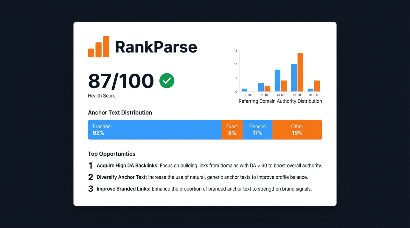 Audit results panel on dark navy with orange logo bars in the top left, showing a health score of 87, anchor text distribution as a stacked bar (branded 62 percent, exact-match 8 percent, generic 11 percent, other 19 percent), referring domain authority histogram, and three callouts under Top Opportunities: improve exact-match anchor diversity, increase referring domains in the 60-80 DA band, fix HSTS preload missing