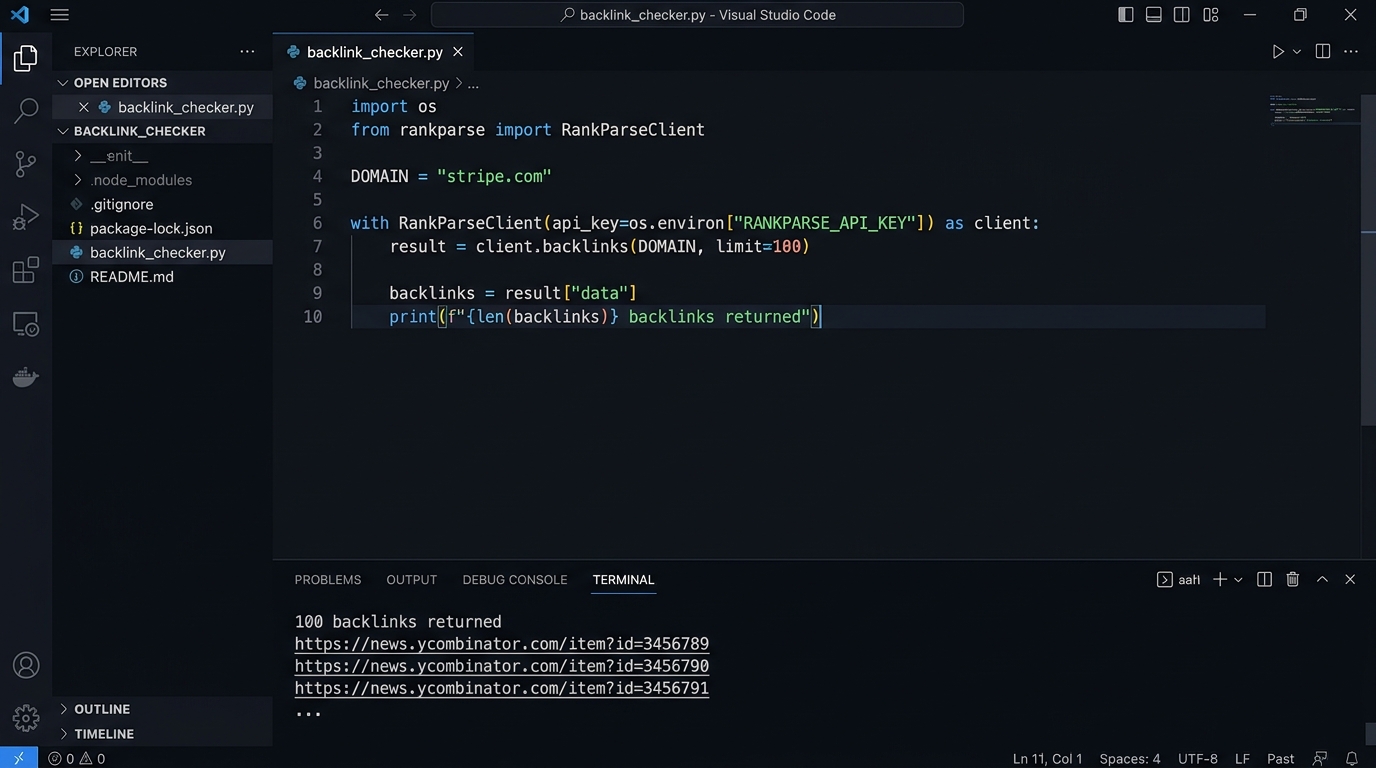 Python backlink checker using the RankParse SDK in VS Code with terminal output showing backlink URLs and domain authority scores
