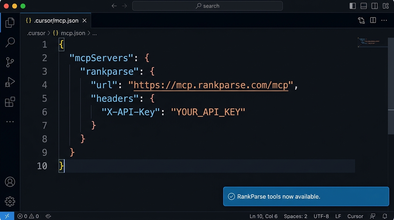 VS Code editor showing .cursor/mcp.json config with RankParse MCP server URL and X-API-Key header, with a success badge showing tools are available